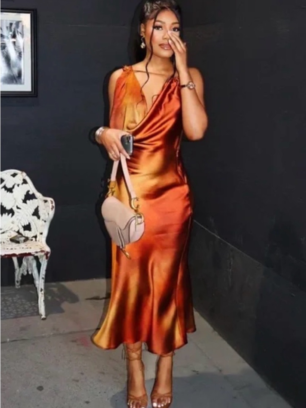 Zara NWT Satin Cowl Neck Slip Dress in Copper Orange